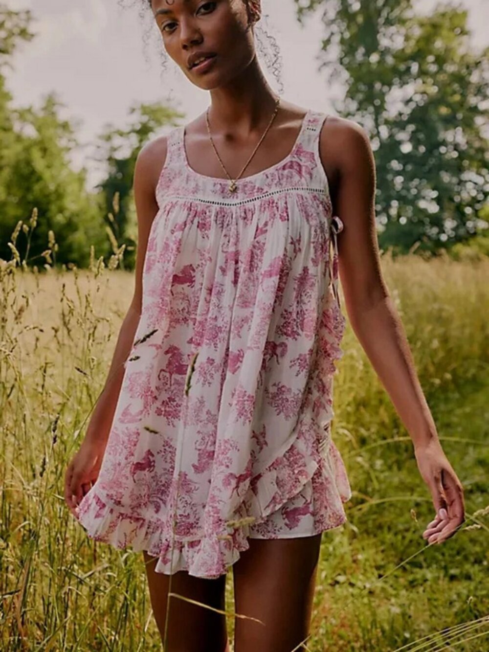 Free People Break Of Day Nightie Printed Scoop Neck Sleeveless Mini Dress S